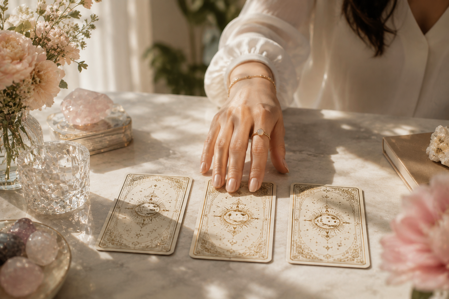 A warm, intimate tarot reading table with three gold-illustrated cards laid beside crystals and fresh flowers