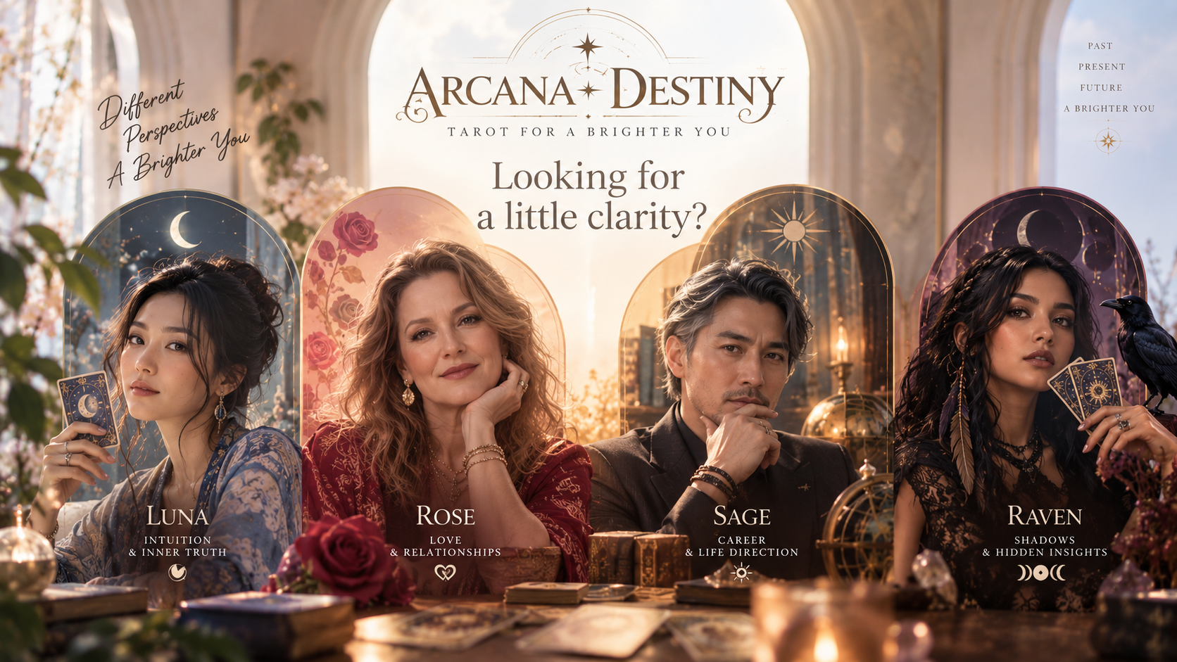 The Arcana Destiny readers Luna, Rose, Sage and Raven gathered in a sunlit ornate tarot chamber